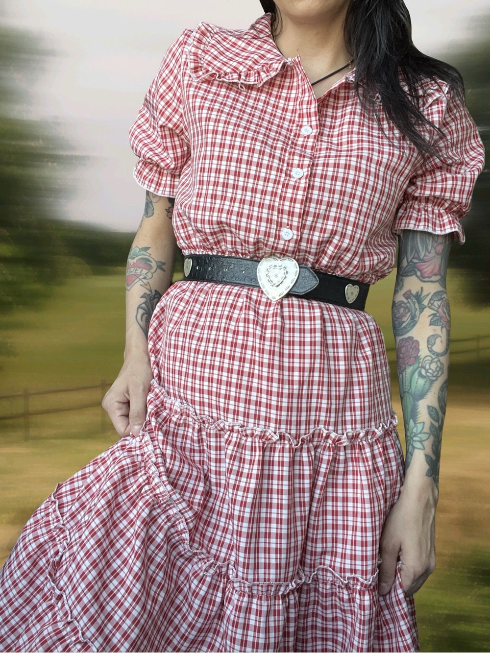 Vintage Red & White Gingham Tiered Midi Dress